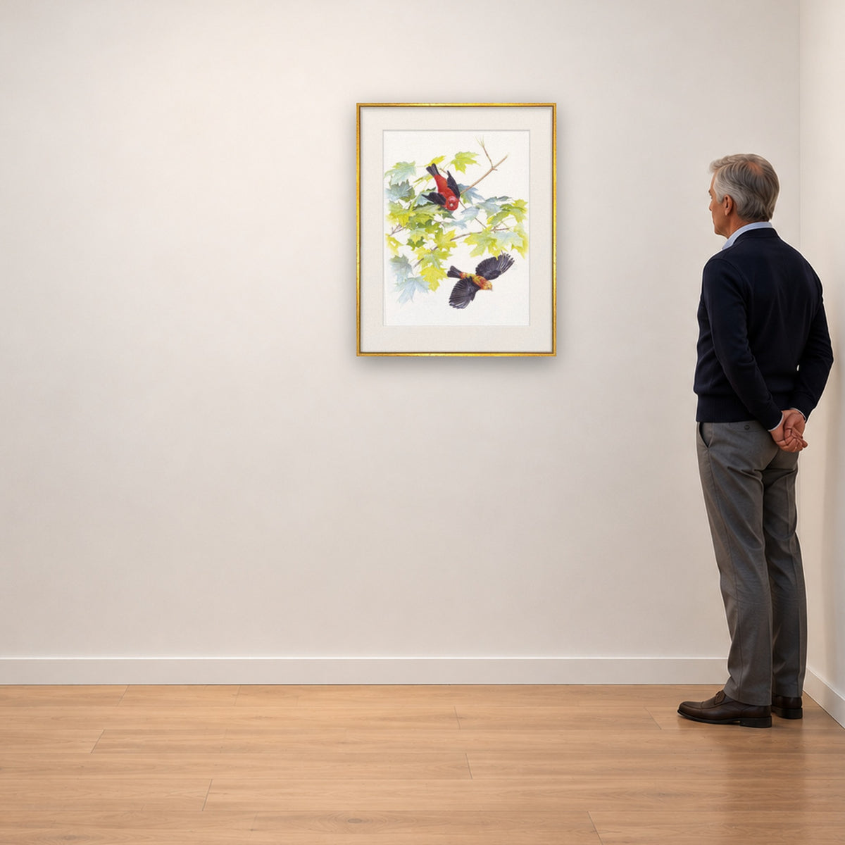 Scarlet Tanagers, an original work by Glen Loates, shown framed at true scale on a gallery wall as a visitor pauses to study it