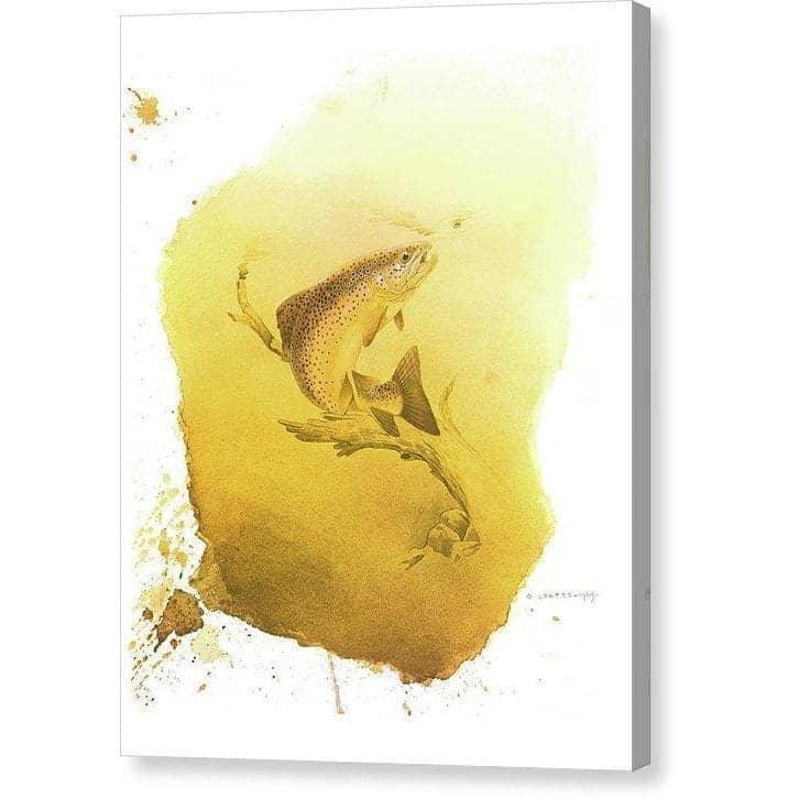 Truite Fardée par Glen Loates, toile de galerie : une truite brune remontant dans une eau dorée