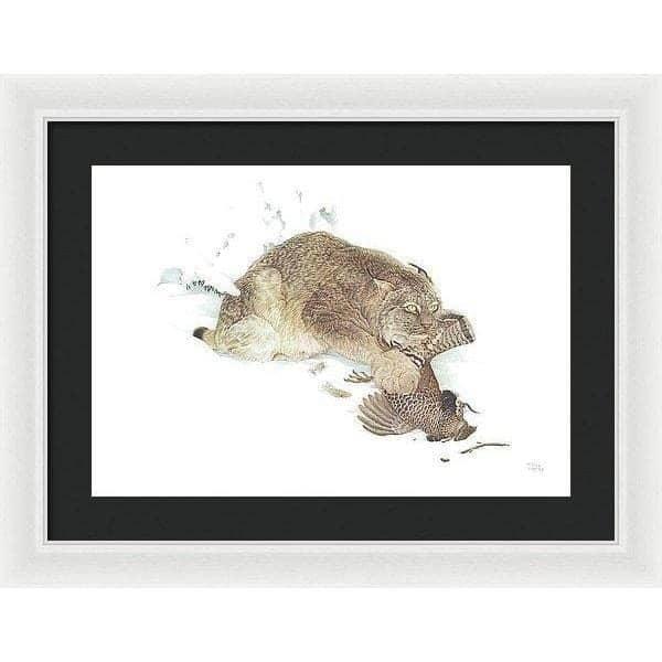 Canada Lynx with Ruffed Grouse- Framed Print | Artwork by Glen Loates