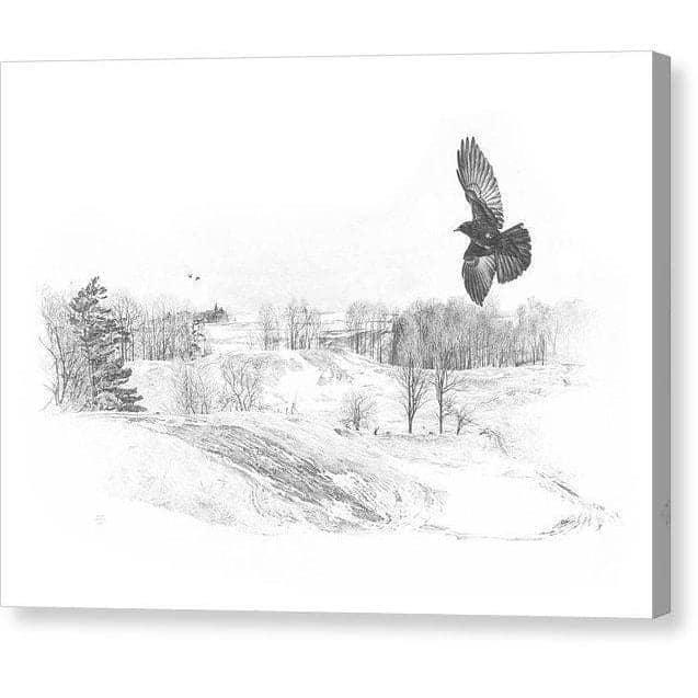 Corbeau survolant un paysage par Glen Loates, toile de galerie : un dessin au crayon d’une corneille survolant un paysage d’hiver vallonné