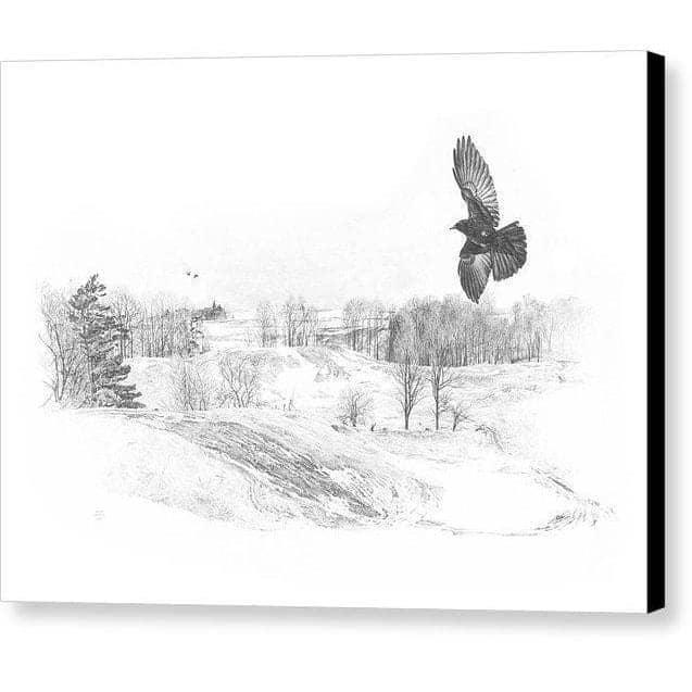 Corbeau survolant un paysage par Glen Loates, toile de galerie aux bords enveloppés noirs