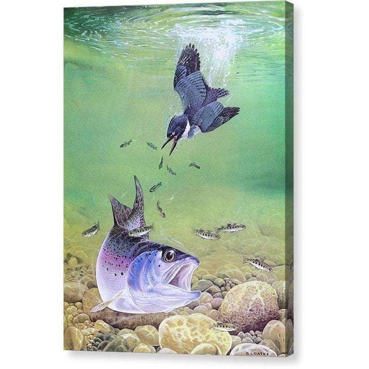 Kingfisher And Rainbow Trout by Glen Loates, gallery canvas with mirrored wrapped edges