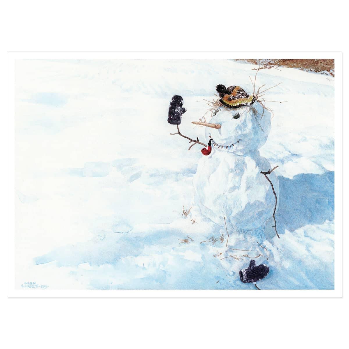 Season's Greetings by Glen Loates, a watercolour of a snowman wearing a knit toque and mitts with a briar pipe on one twig arm