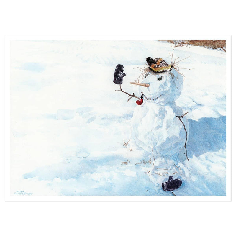 Season's Greetings by Glen Loates, a watercolour of a snowman wearing a knit toque and mitts with a briar pipe on one twig arm