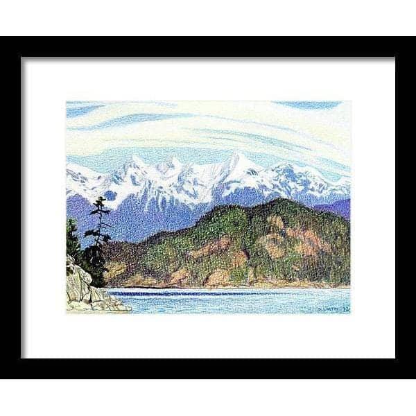Snow Capped Mountains in British Columbia by Glen Loates, framed piece: snowy peaks above a forested shore