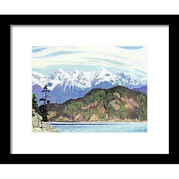 Snow Capped Mountains in British Columbia by Glen Loates, framed piece in a black frame with a white mat