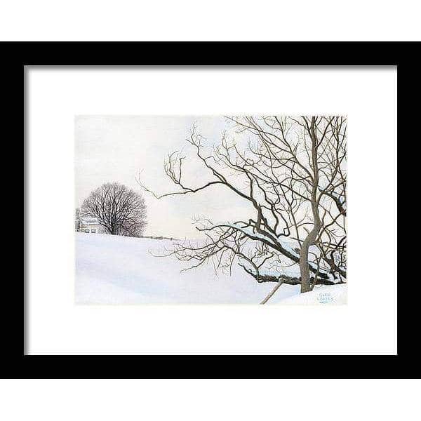 Winter White with Purple Martin House by Glen Loates, framed piece: a snowy field, bare trees and a purple martin house