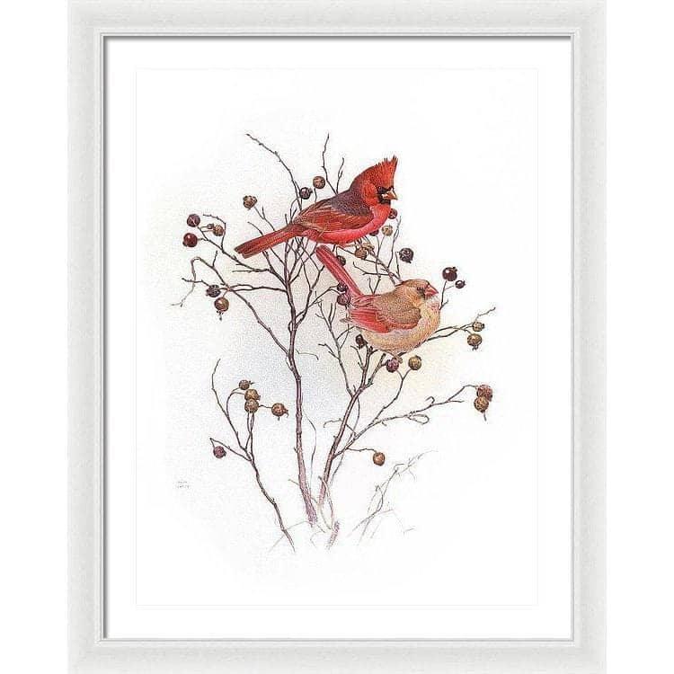 Cardinals on Rosehip Bush - Framed Print | Artwork by Glen Loates