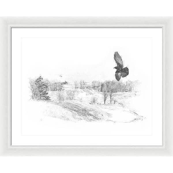 Crow Flying Over Landscape - Framed Print | Artwork by Glen Loates