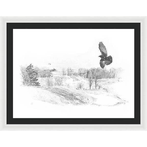 Crow Flying Over Landscape - Framed Print | Artwork by Glen Loates
