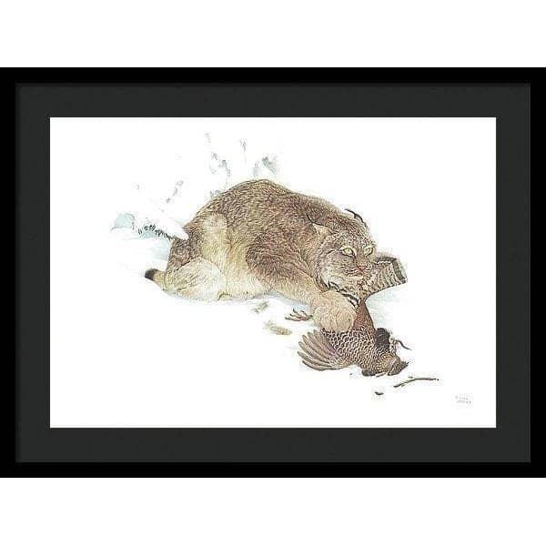 Canada Lynx with Ruffed Grouse- Framed Print | Artwork by Glen Loates