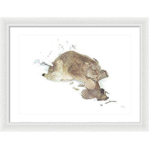 Canada Lynx with Ruffed Grouse- Framed Print | Artwork by Glen Loates