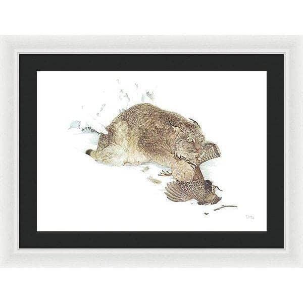 Canada Lynx with Ruffed Grouse- Framed Print | Artwork by Glen Loates