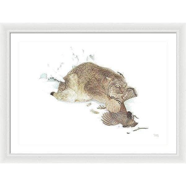 Canada Lynx with Ruffed Grouse- Framed Print | Artwork by Glen Loates