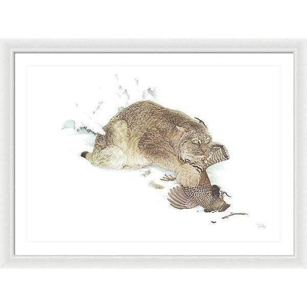 Canada Lynx with Ruffed Grouse- Framed Print | Artwork by Glen Loates