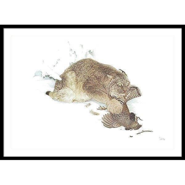 Canada Lynx with Ruffed Grouse- Framed Print | Artwork by Glen Loates