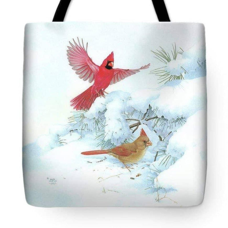 Cardinaux dans la neige - Sac fourre-tout par Glen Loates, œuvre imprimée sur un sac fourre-tout