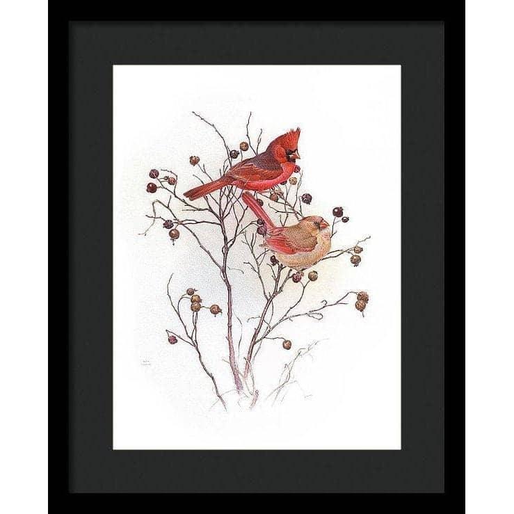Cardinals on Rosehip Bush - Framed Print | Artwork by Glen Loates