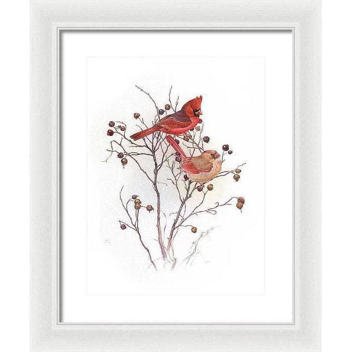 Cardinals on Rosehip Bush - Framed Print | Artwork by Glen Loates