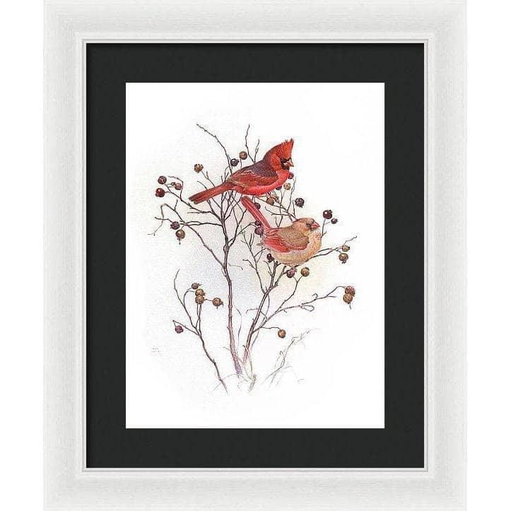 Cardinals on Rosehip Bush - Framed Print | Artwork by Glen Loates