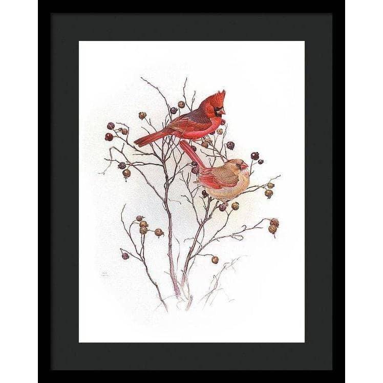 Cardinals on Rosehip Bush - Framed Print | Artwork by Glen Loates