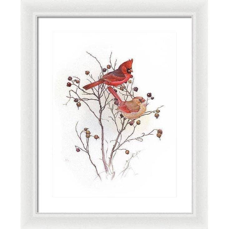 Cardinals on Rosehip Bush - Framed Print | Artwork by Glen Loates