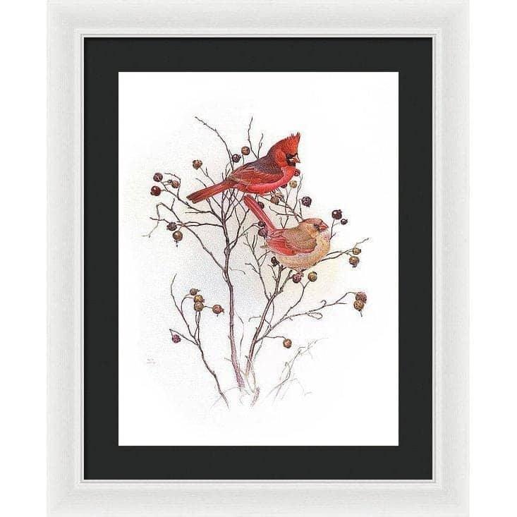 Cardinals on Rosehip Bush - Framed Print | Artwork by Glen Loates