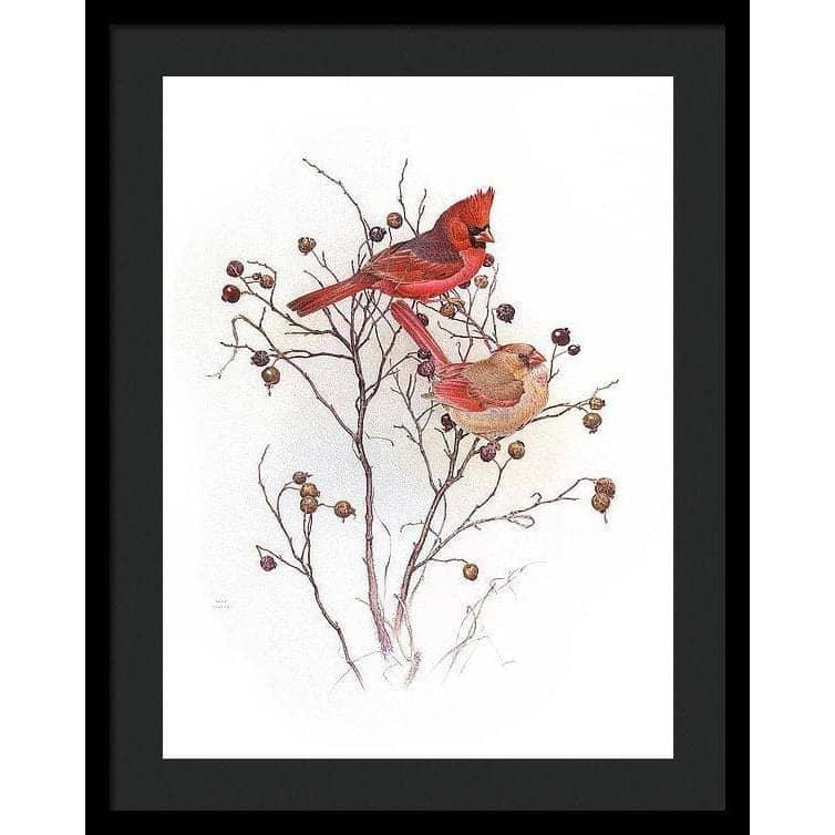 Cardinals on Rosehip Bush - Framed Print | Artwork by Glen Loates