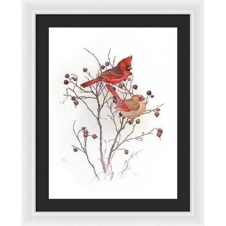 Cardinals on Rosehip Bush - Framed Print | Artwork by Glen Loates