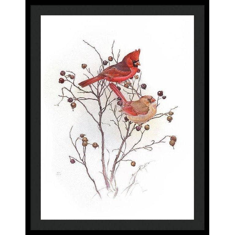Cardinals on Rosehip Bush - Framed Print | Artwork by Glen Loates