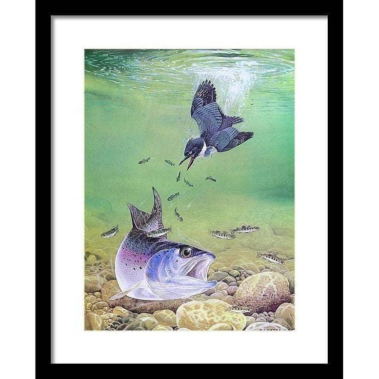 Kingfisher And Rainbow Trout - Framed Print | Artwork by Glen Loates