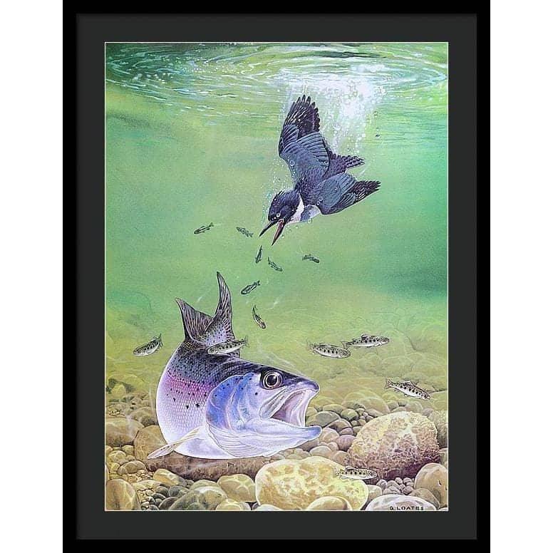 Kingfisher And Rainbow Trout - Framed Print | Artwork by Glen Loates