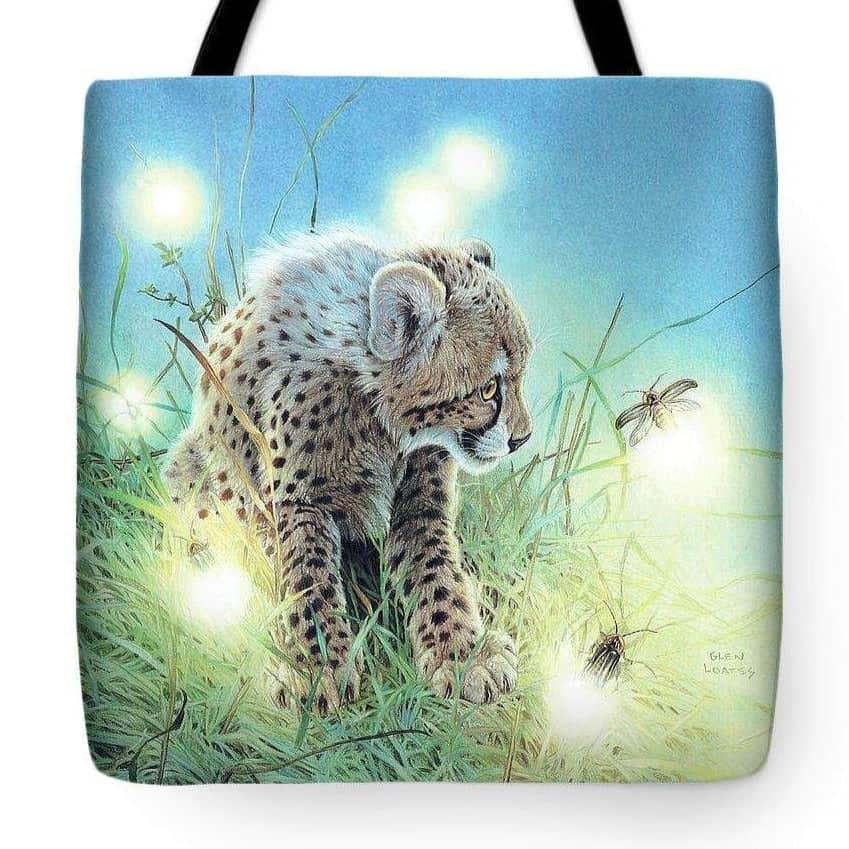 Young Cheetah with Fireflies - Tote Bag | Artwork by Glen Loates